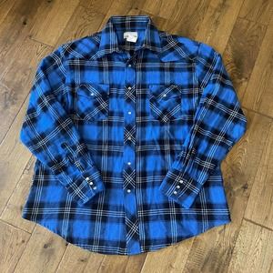 Wrangler Wrancher Pearl Snap Flannel Shirt Blue Plaid Western Men's Size XL